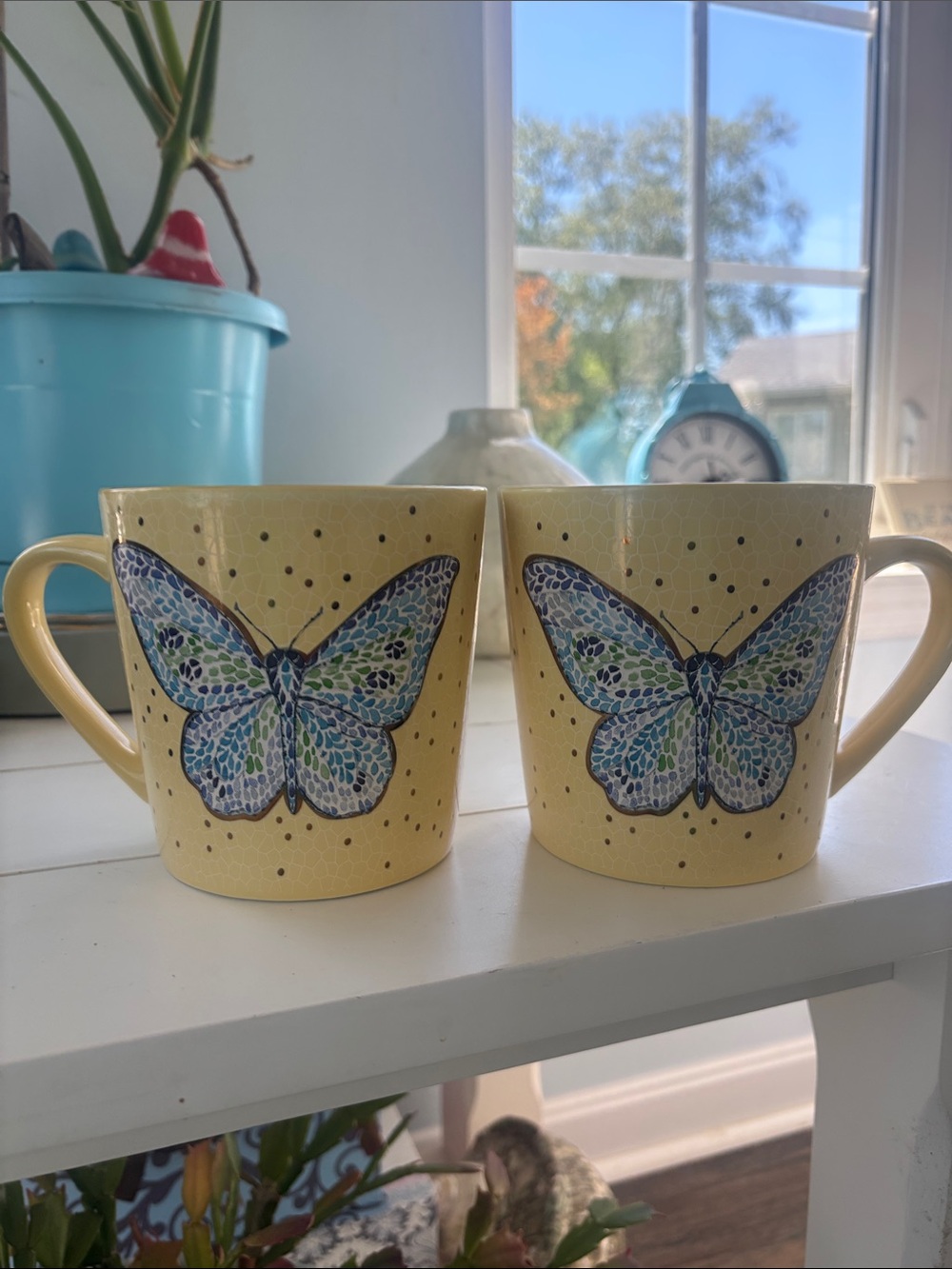 Pair- Butterfly Pattern Ceramic Large Mugs - Yellow